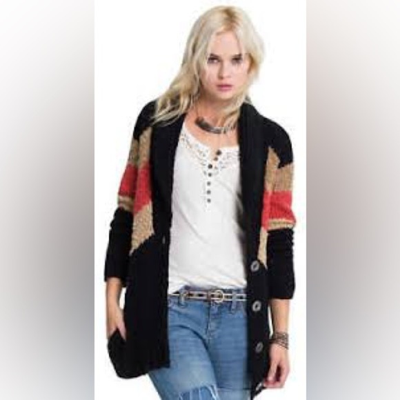 Free People Rocket High Boyfriend Cardigan Black Combo M nubby Aztec coatigan - Picture 1 of 8
